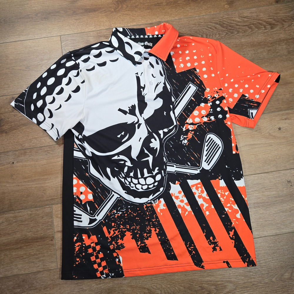Tattoo Golf Blade Collection Polo Shirt Mens M Black Orange Skull Golf Biker